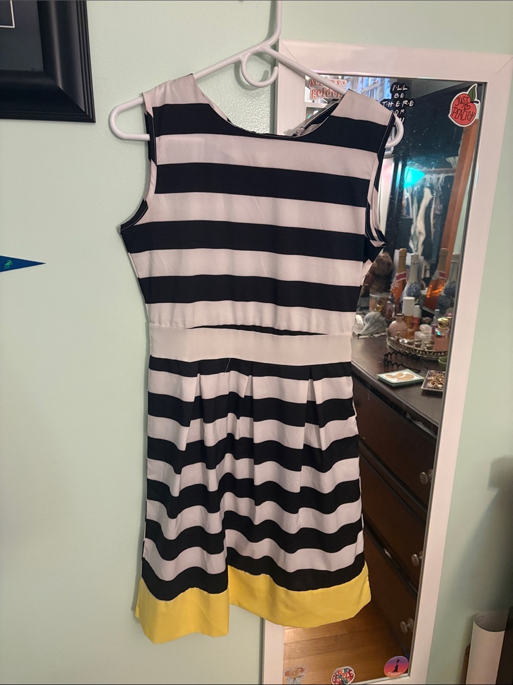 Navid O Nadia Black and White Striped Sleeveless Mini Dress with Yellow Hem